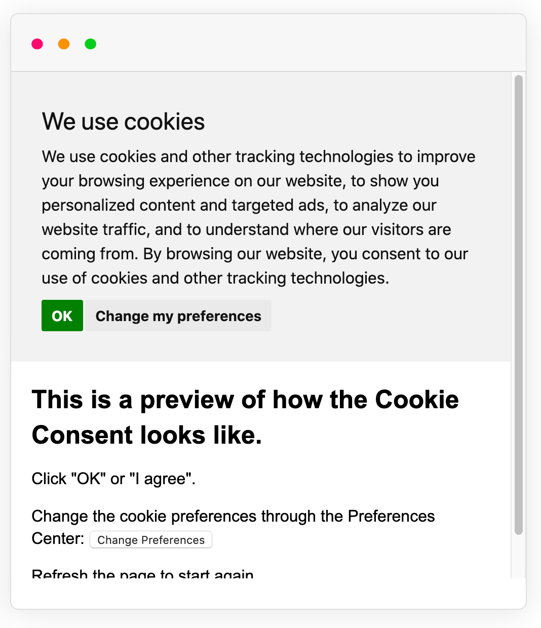 Example of Cookie Consent with ePrivacy Directive consent preference