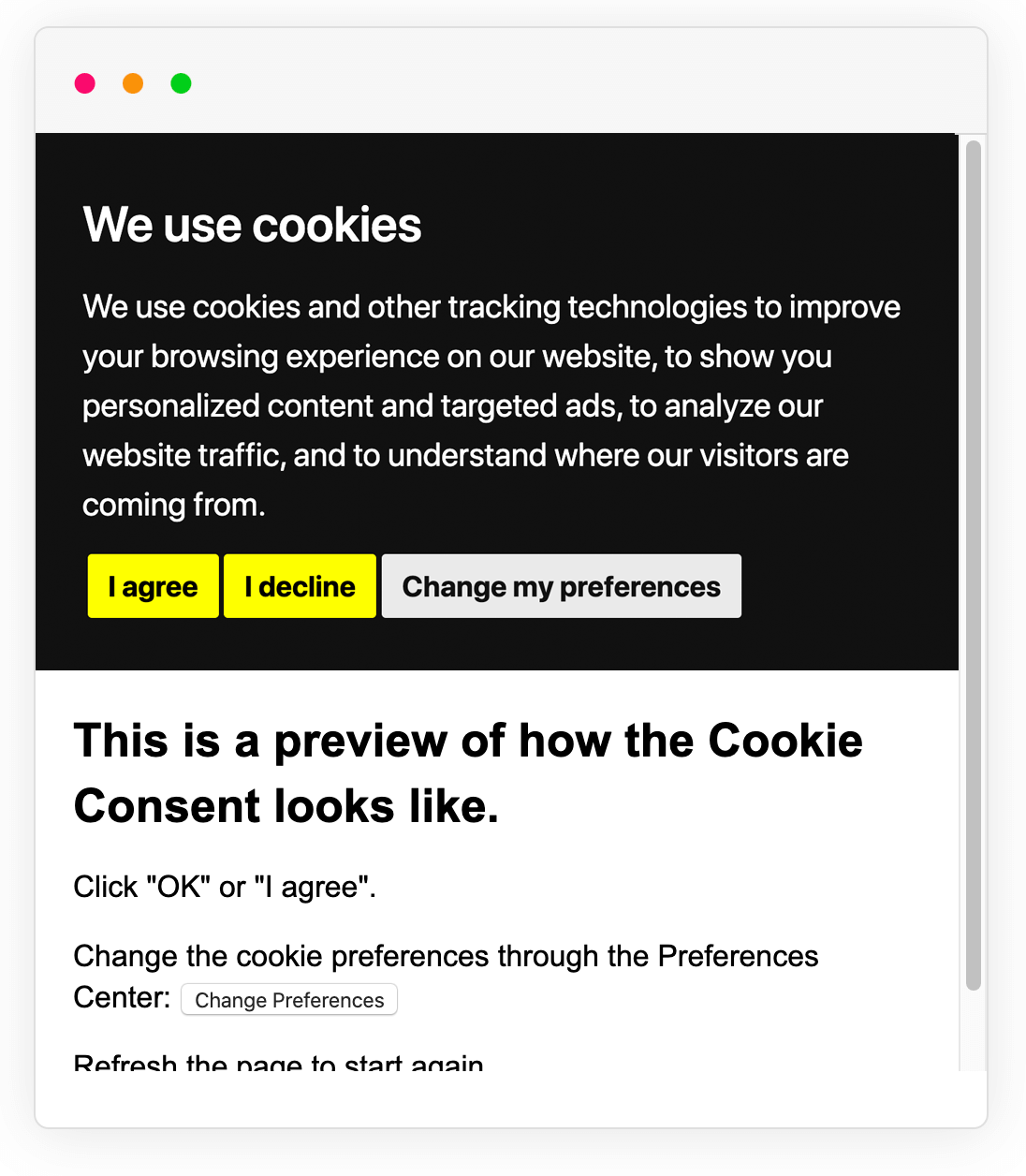 Example of Cookie Consent with GDPR consent preference